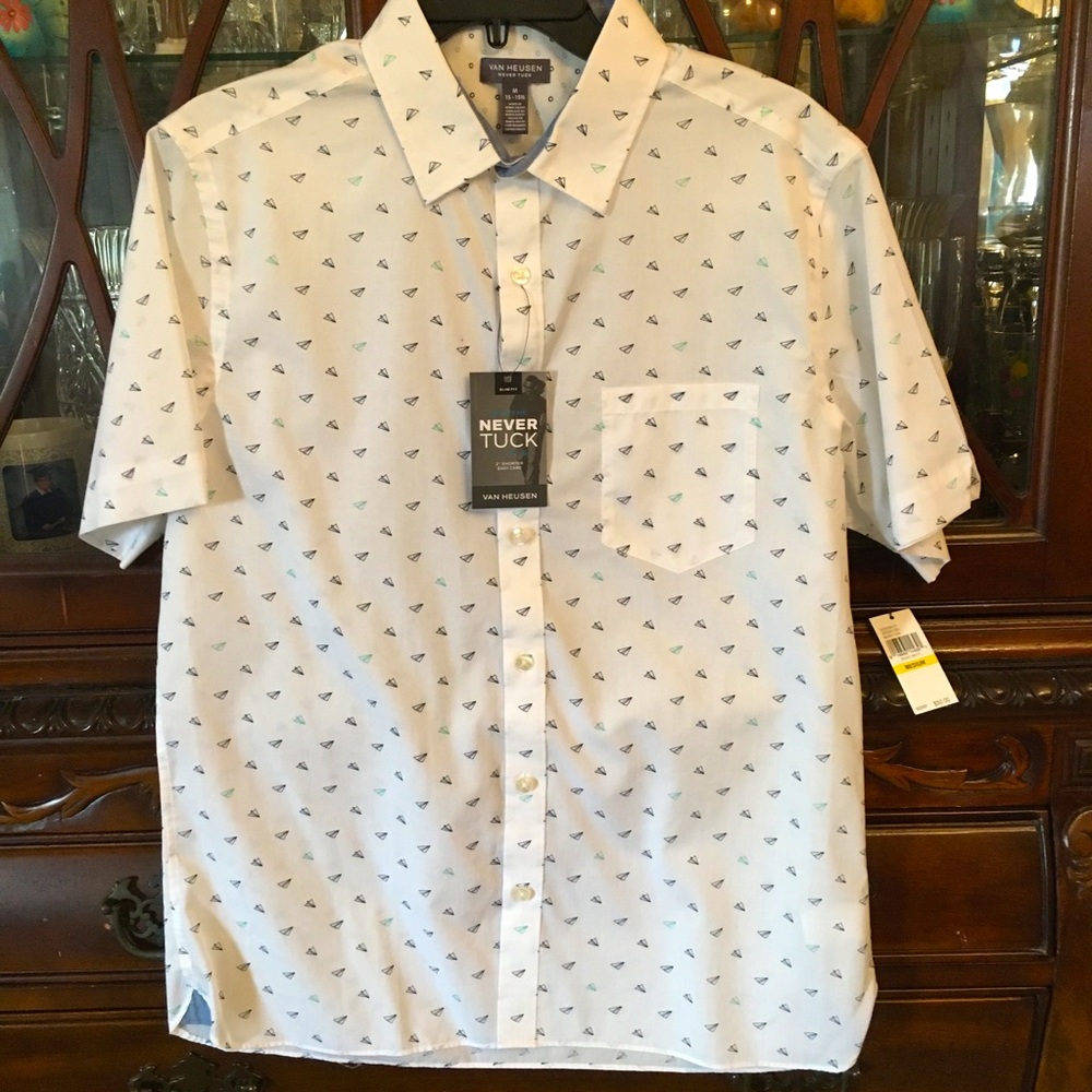 NWT White Van Heusen paper airplane shirt